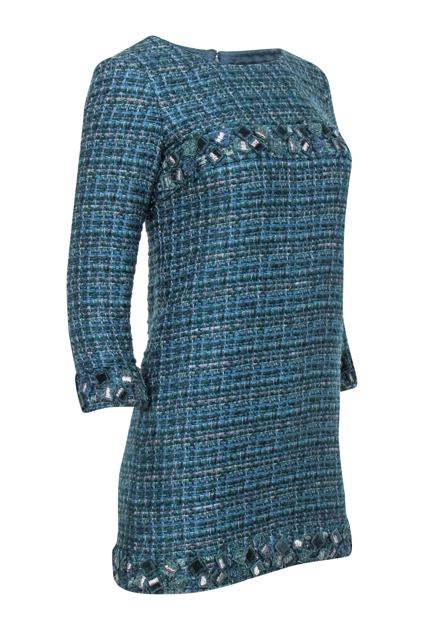 Chanel - Green Tweed Long Sleeve Shift Dress Sz 4